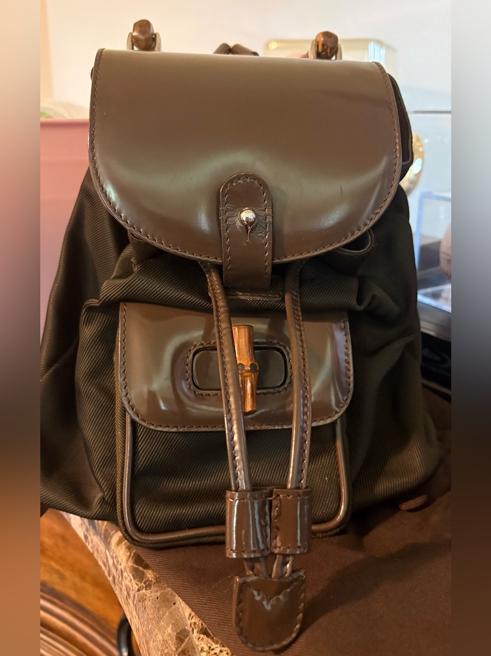 Gucci Brown Nylon & Patent Leather Bamboo Drawstring Backpack